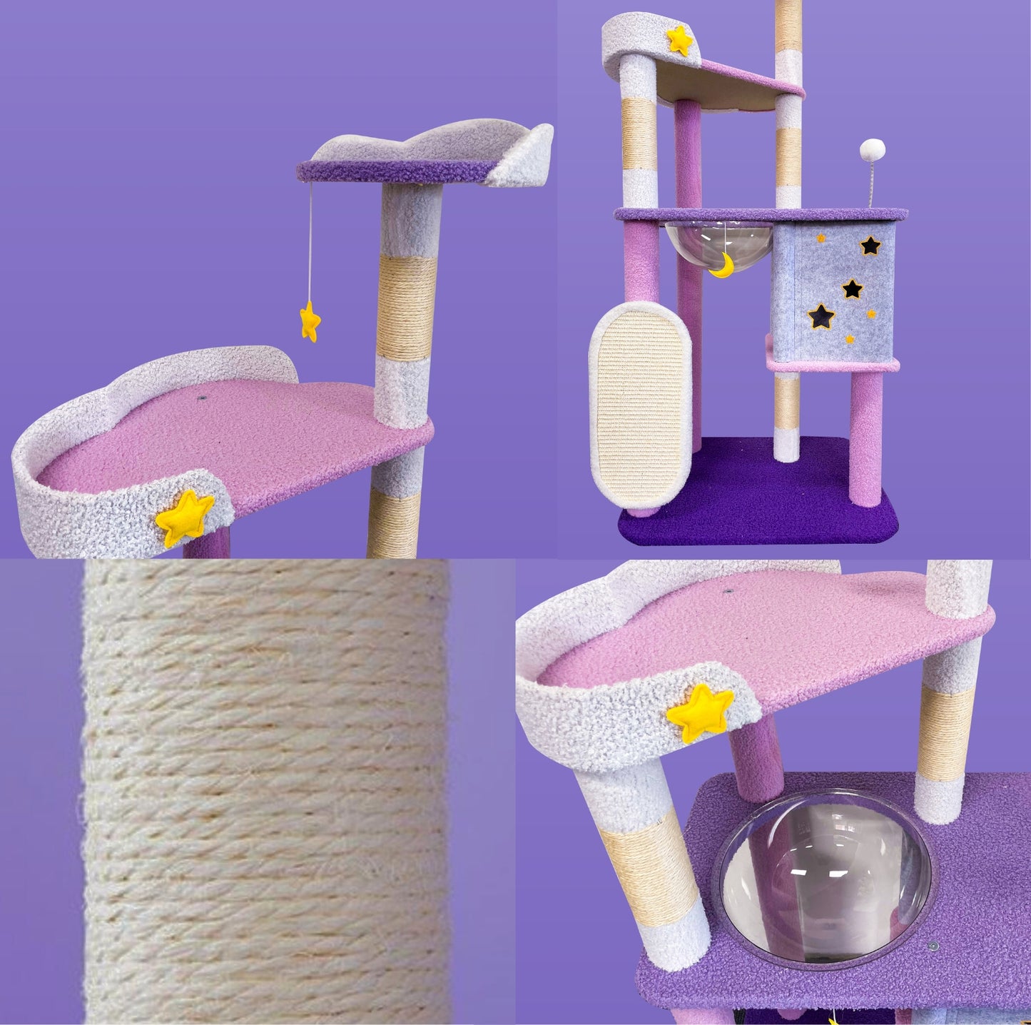 Pink Starry Sky Multi-Level Cat Tree with Hammock & Scratching Post