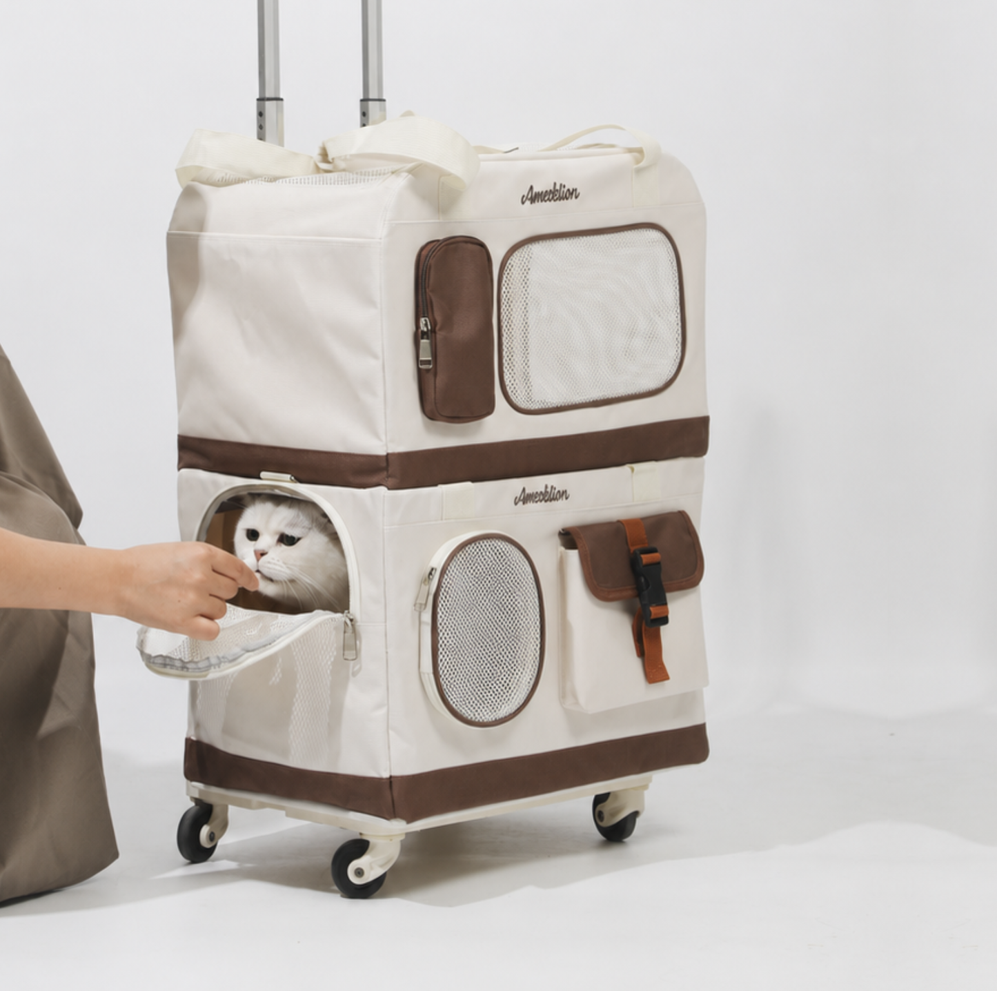 Double-Decker Trolley Pet Carrier Bag with Storage Pockets