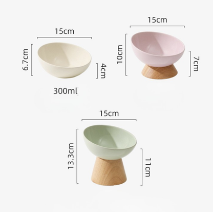 Elevated Round Ceramic Pet Bowl with Oak Base