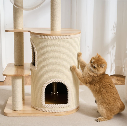 Natural wood Cat Tree with Acrylic Bowl and Double Condo – 134 cm