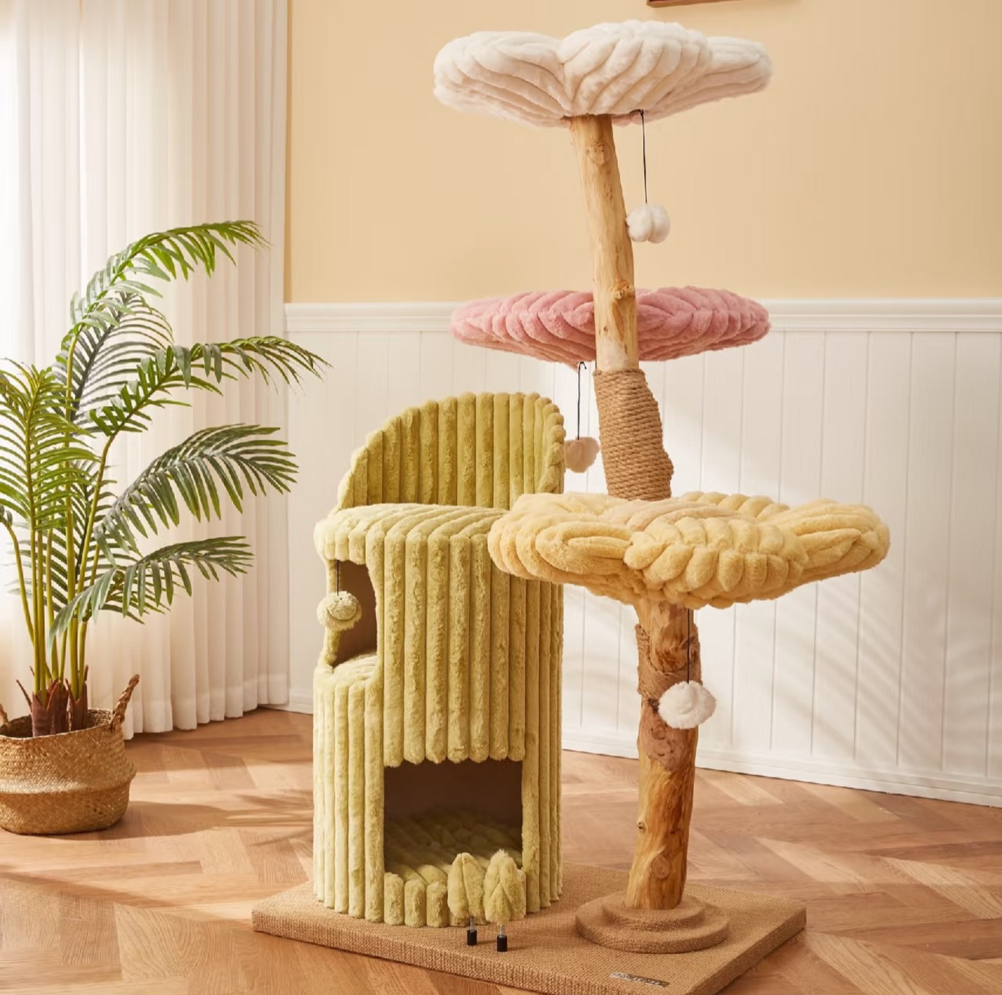 Cmisstree Flower-Inspired Wooden Cat Tree with Cat House - Natural Fruitwood