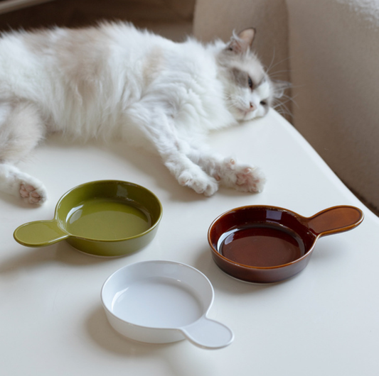 Pan-Style Ceramic Pet Feeding Bowl with Handle