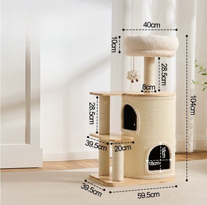 Natural Wood Cat Tree with Top Lookout and Double-Level Condo - 104cm