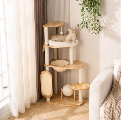 Wooden Cat Tree with Vertical Sisal Scratching Board & Play Features
