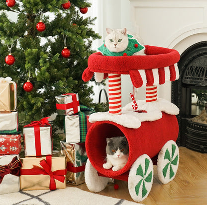 ZeZe Christmas Train Cat Tree: Holiday-Themed Climbing Frame & Toy for Cats