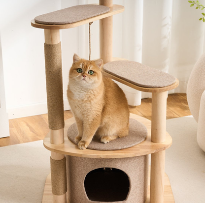 Four-Level Solid Wood Cat Tree with Fabric Cover and Sisal Posts