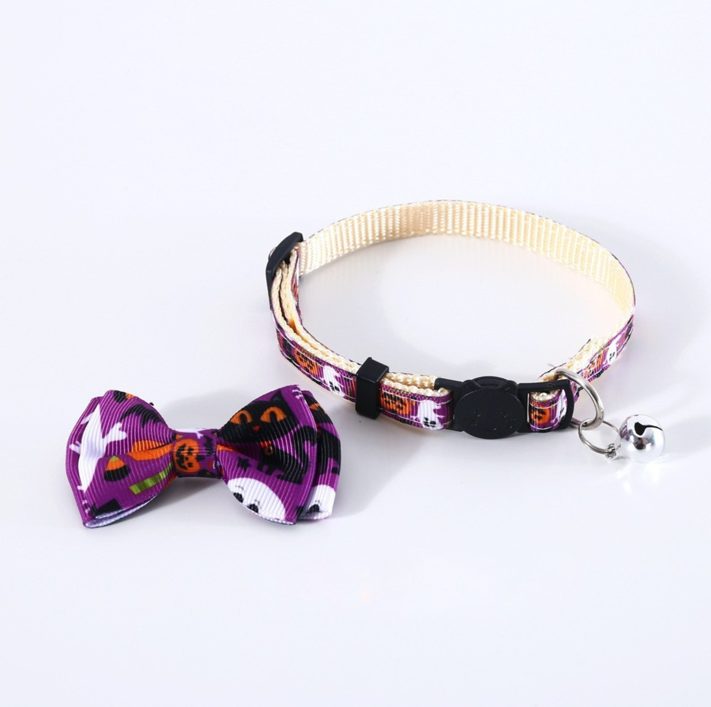 Halloween Bow Tie Cat & Dog Collar – Pumpkin Print with Bell (Adjustable Breakaway Design)