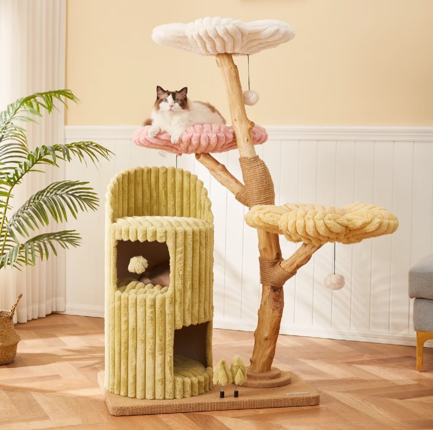 Cmisstree Flower-Inspired Wooden Cat Tree with Cat House - Natural Fruitwood