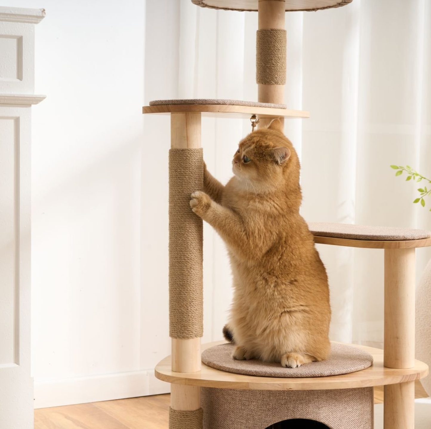 Four-Level Solid Wood Cat Tree with Fabric Cover and Sisal Posts