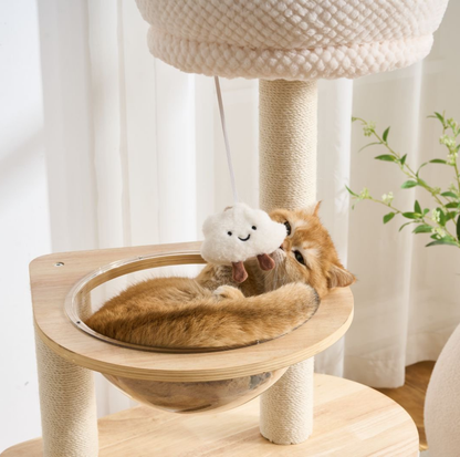 Natural wood Cat Tree with Acrylic Bowl and Double Condo – 134 cm