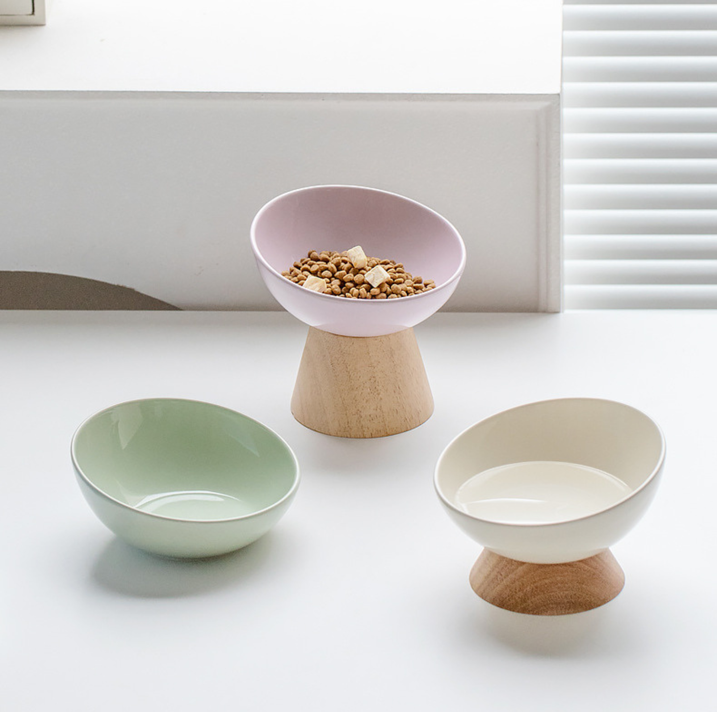 Elevated Round Ceramic Pet Bowl with Oak Base
