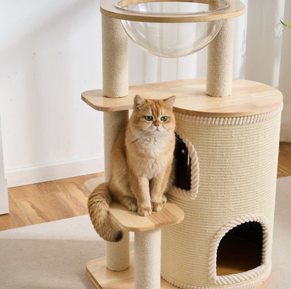 Natural wood Cat Tree with Acrylic Bowl and Double Condo – 134 cm