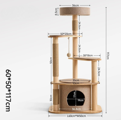 Four-Level Solid Wood Cat Tree with Fabric Cover and Sisal Posts