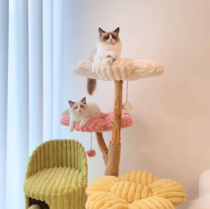 Cmisstree Flower-Inspired Wooden Cat Tree with Cat House - Natural Fruitwood