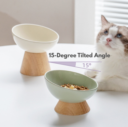Elevated Round Ceramic Pet Bowl with Oak Base