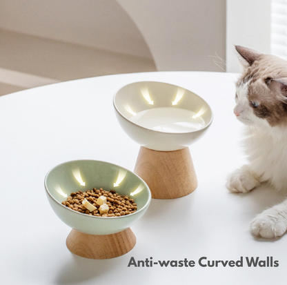 Elevated Round Ceramic Pet Bowl with Oak Base