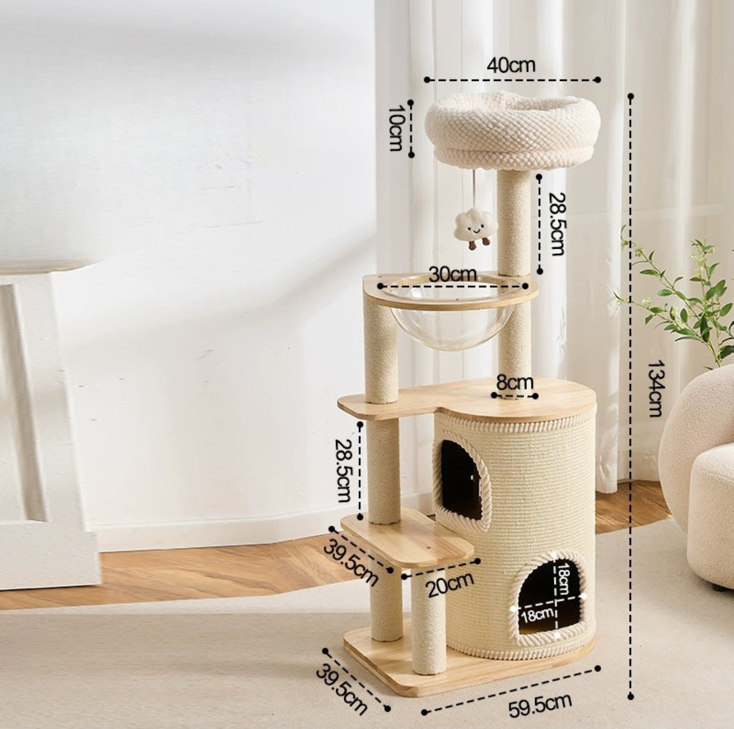 Natural wood Cat Tree with Acrylic Bowl and Double Condo – 134 cm