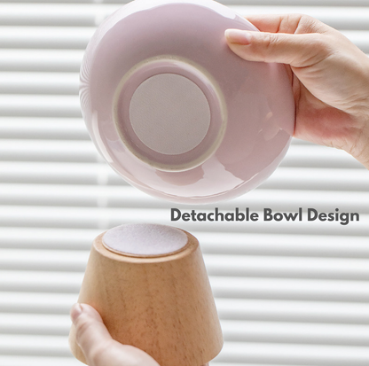 Elevated Round Ceramic Pet Bowl with Oak Base