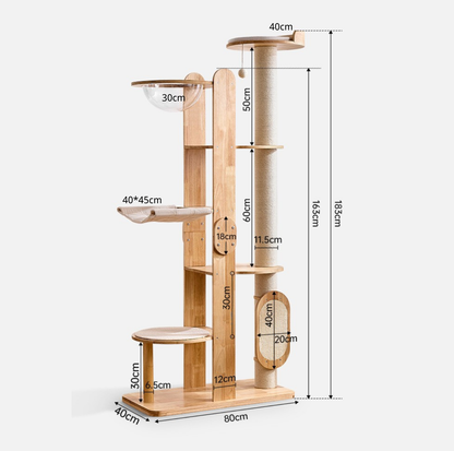 Solid Wood Multi-Level Cat Tower - 183cm