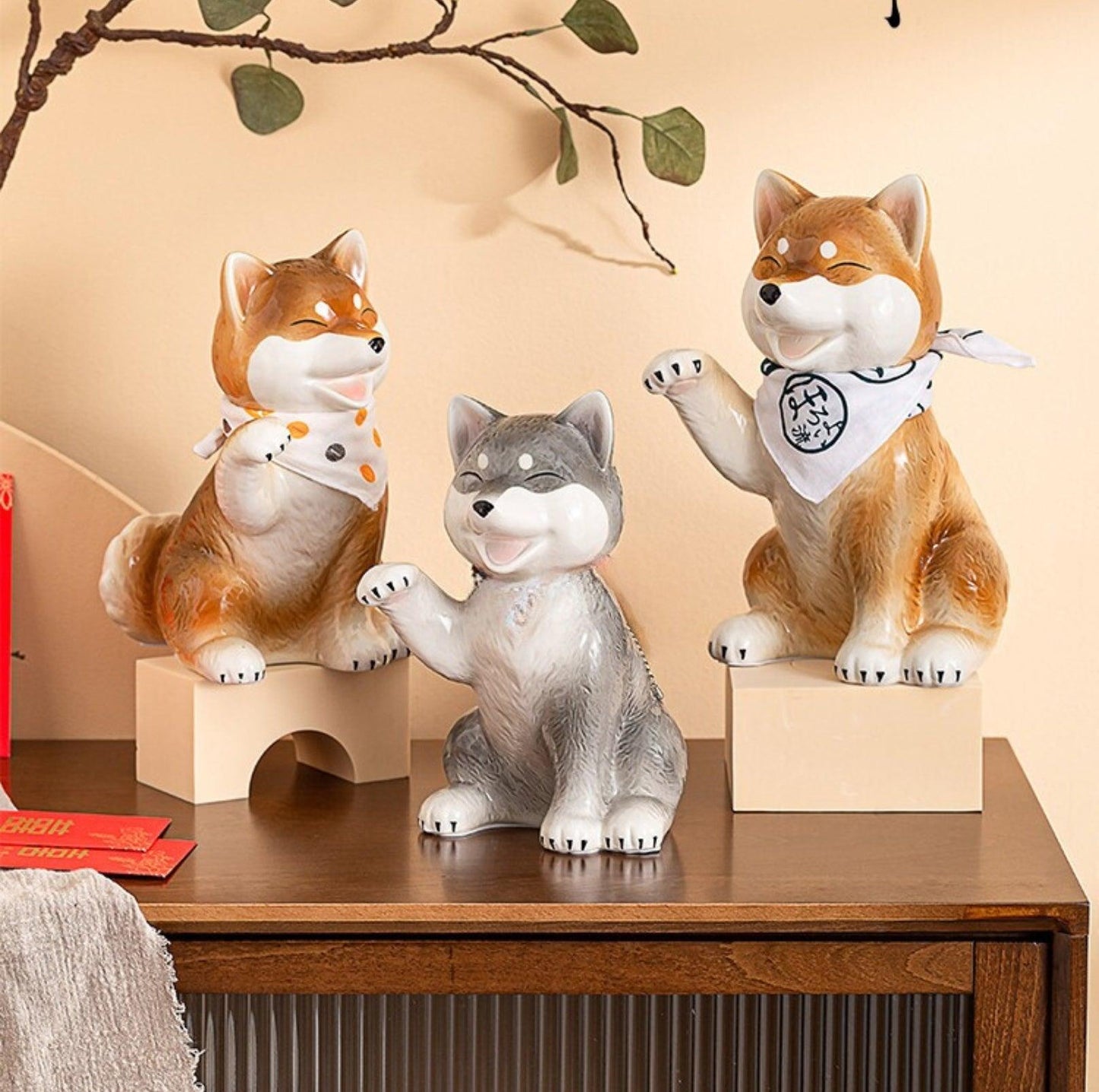 Shiba Dog-Inspired Ceramic Home Decor Ornament- With Randomly Selected Bib Accessory