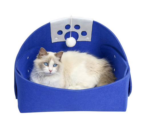 Cat and Dog Bed with Detachable Felt Blanket and Pompom Toys