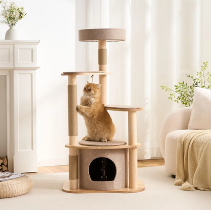 Four-Level Solid Wood Cat Tree with Fabric Cover and Sisal Posts