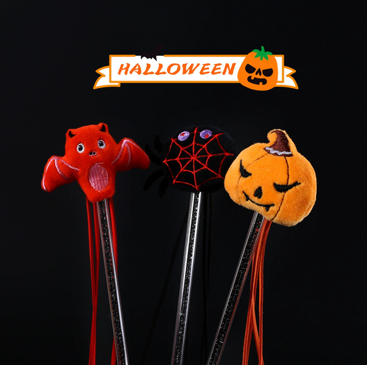 Halloween Cat Teaser Wand Toy – Pumpkin & Spider Plush Designs with Bell and Tassel