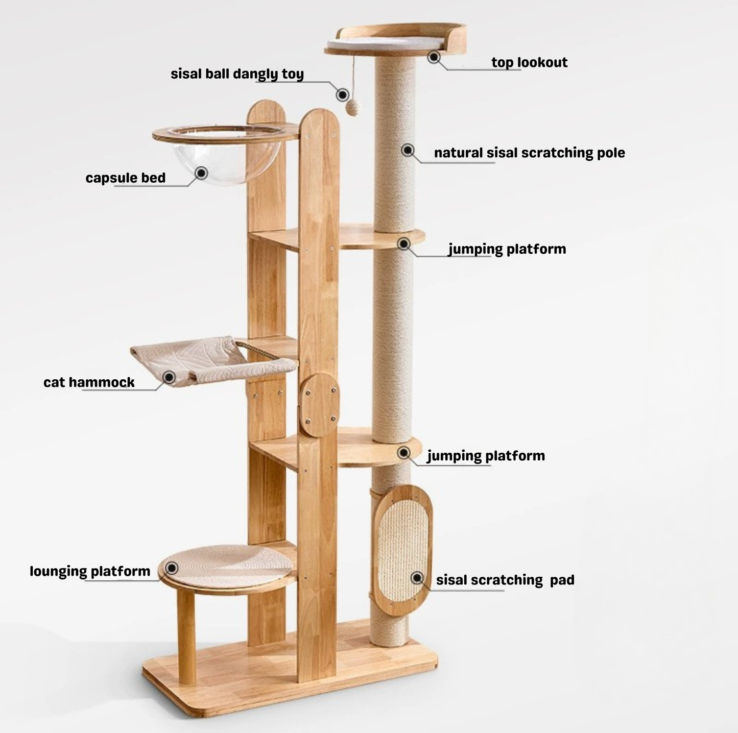 Solid Wood Multi-Level Cat Tower - 183cm