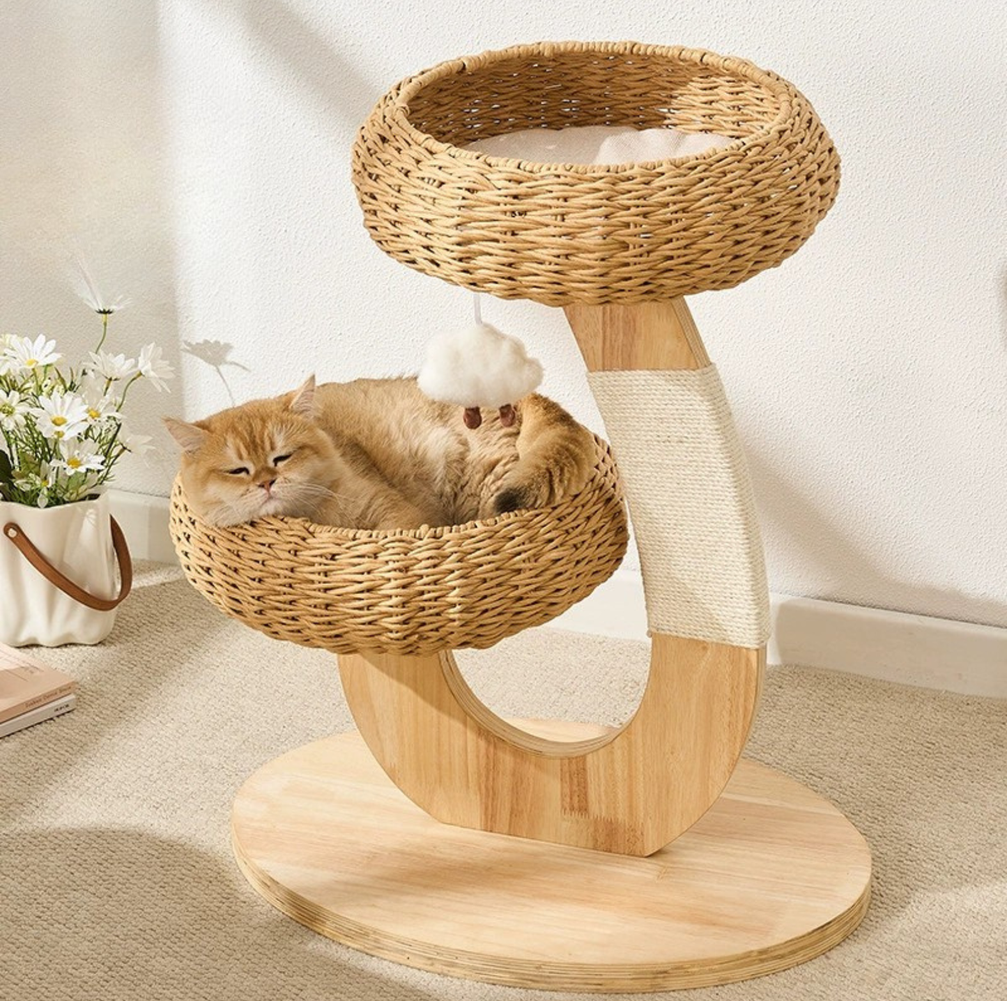 Rattan Nest Solid Wood Double-Level Cat Tree