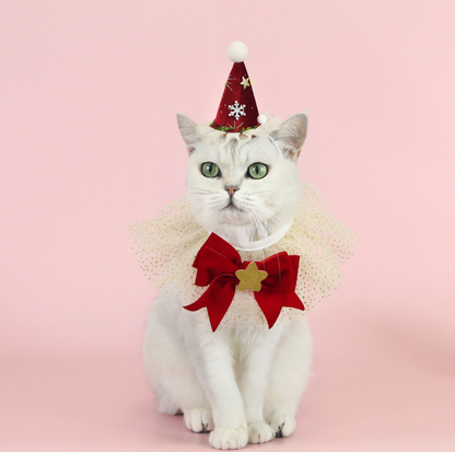 Christmas Velvet Princess Hat & Gold-Rimmed Organza Collar Set