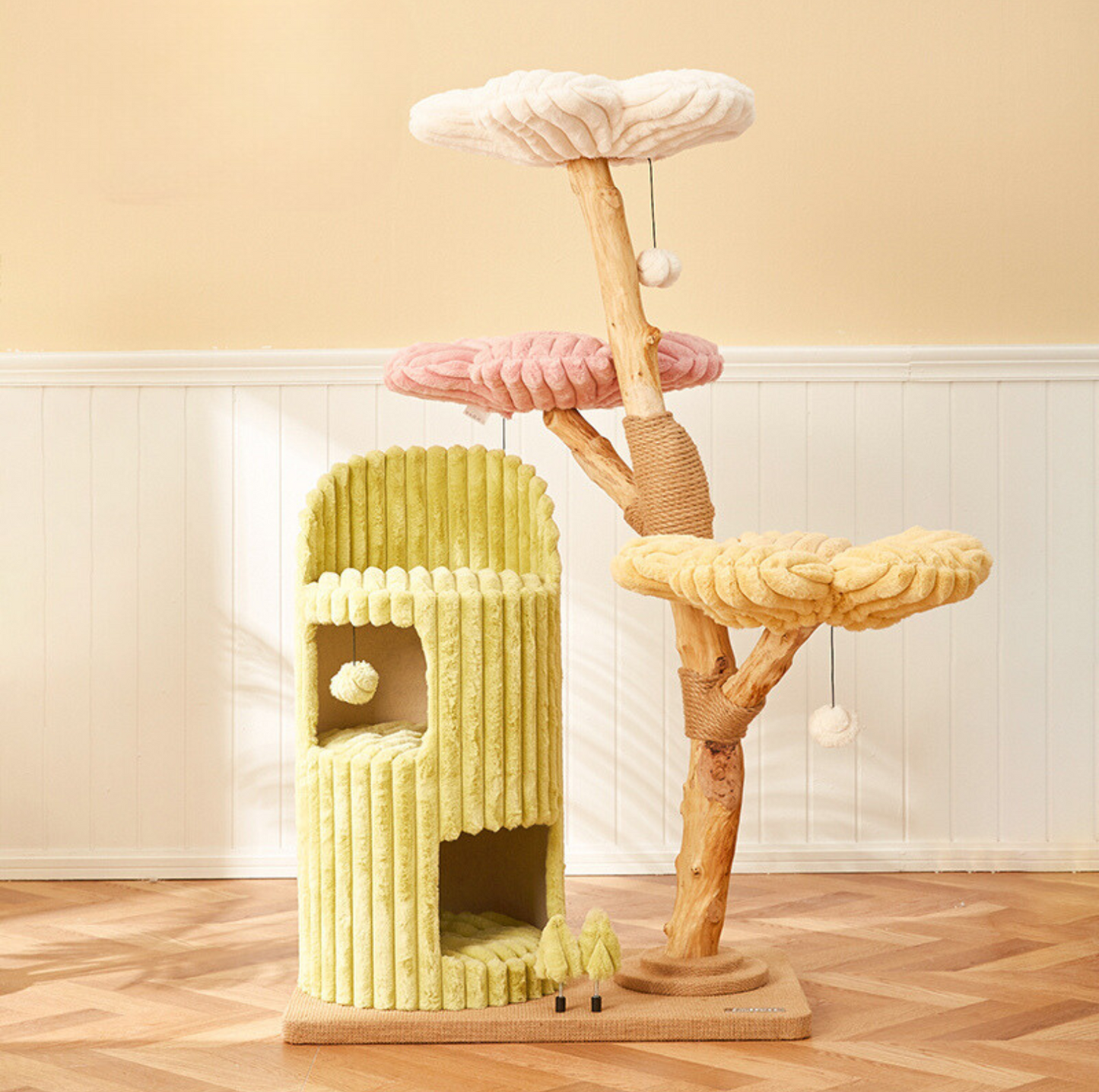 Cmisstree Flower-Inspired Wooden Cat Tree with Cat House - Natural Fruitwood