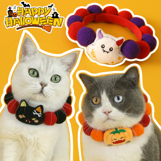 Halloween Plush Ball Collar for Cats and Small Dogs – Soft Cotton Design in Pumpkin, Ghost & Black Cat Styles