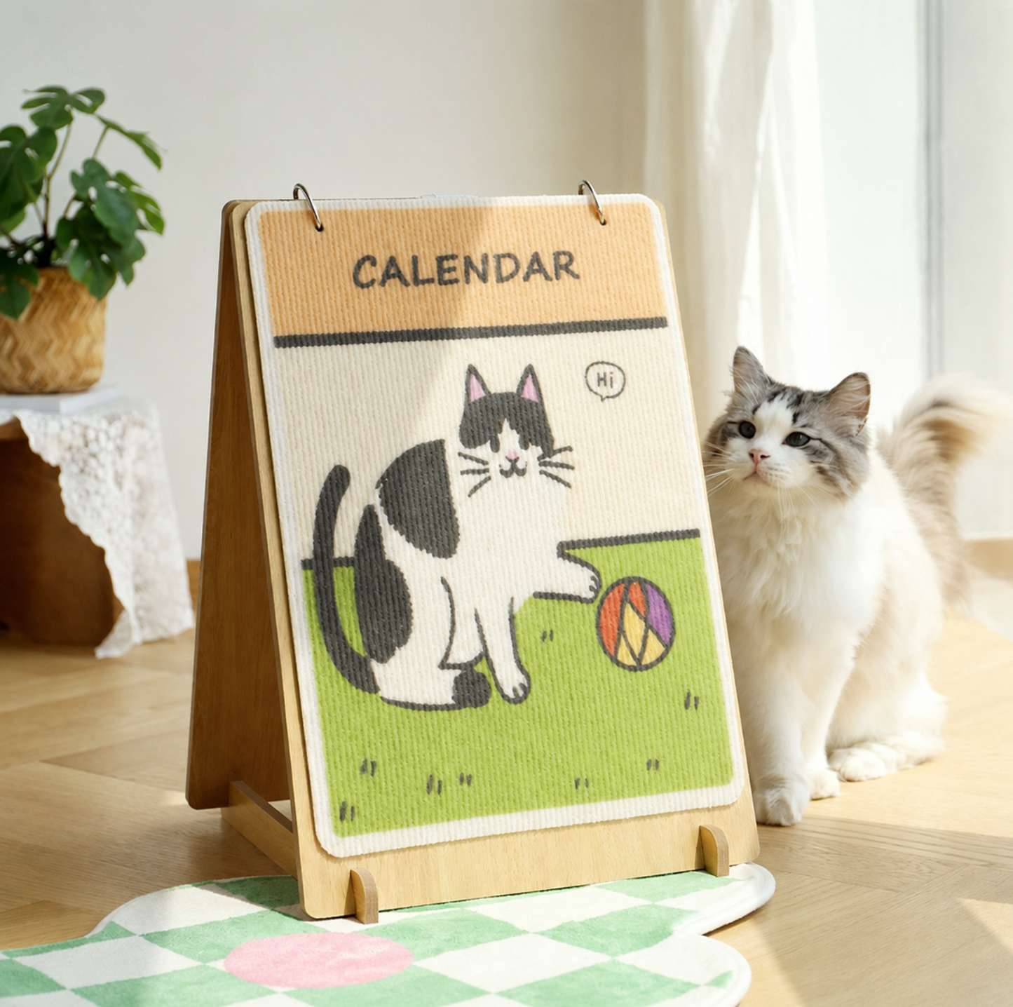 Playful Tuxedo Cat Calendar-Style Scratcher Board