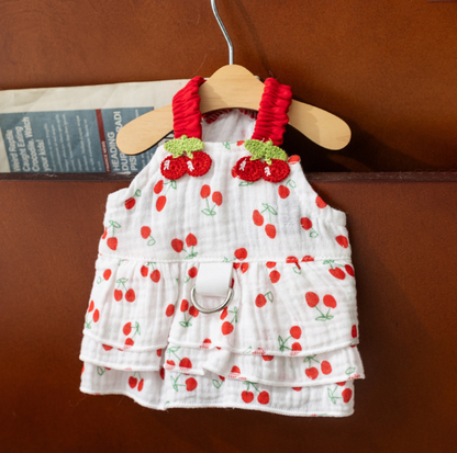 Cherry Suspender Pet Dress with D-Ring for Cats & Small Dogs