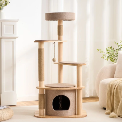 Four-Level Solid Wood Cat Tree with Fabric Cover and Sisal Posts