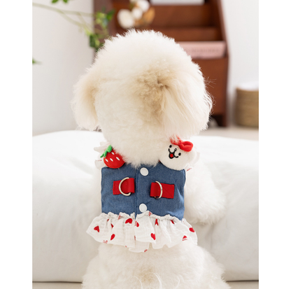Denim Strawberry Suspender Pet Dress for Cats & Small Dogs