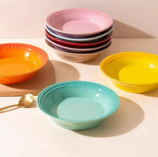 Lucky 6-Inch Flat Ceramic Pet Bowl – Multicolour Glazed Plate for Cats & Small Dogs