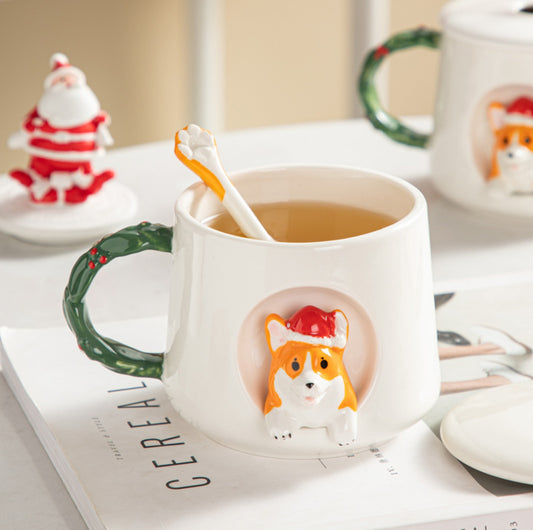 Christmas Corgi Styled Ceramic Mug with Lid and Spoon