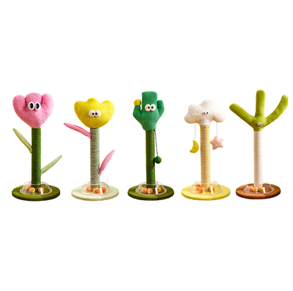 Cartoon Flower & Cactus Cat Scratch Pole – with Ball Track Base