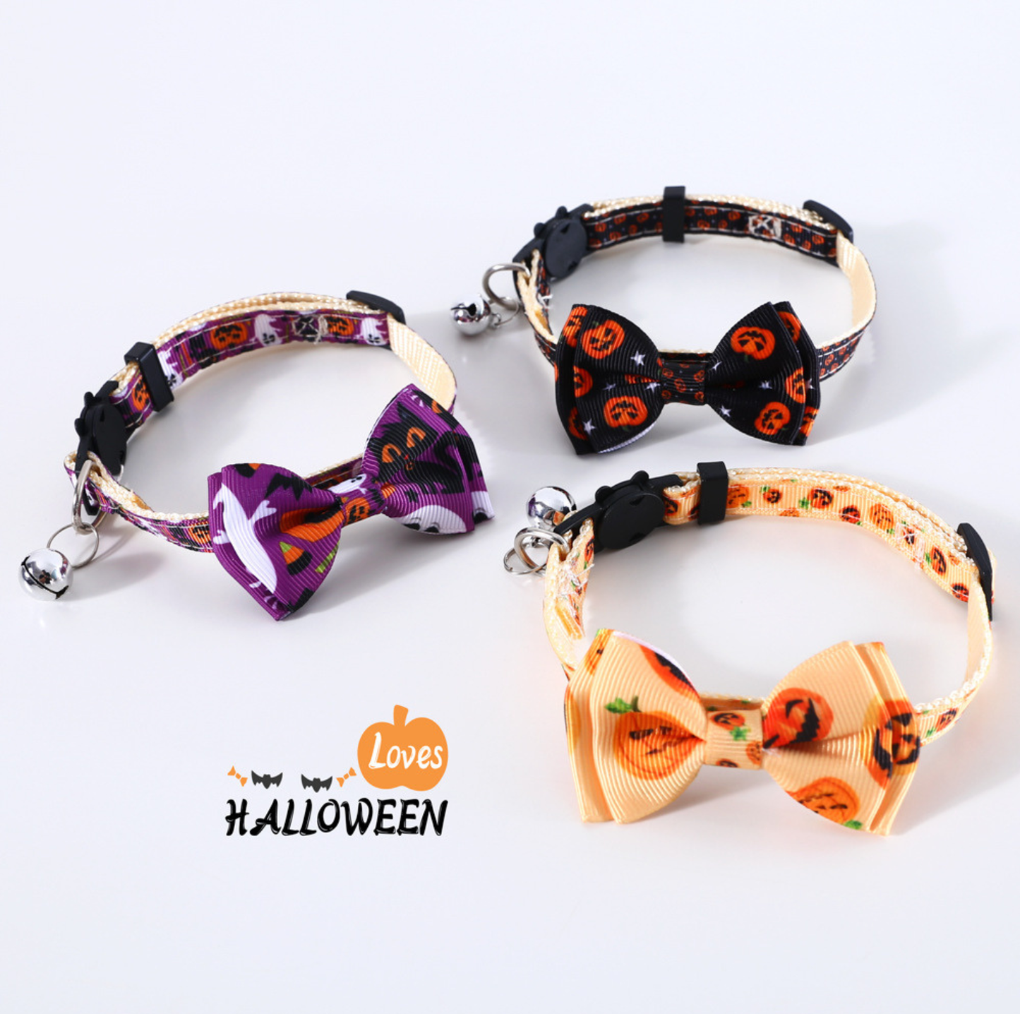 Halloween Bow Tie Cat & Dog Collar – Pumpkin Print with Bell (Adjustable Breakaway Design)