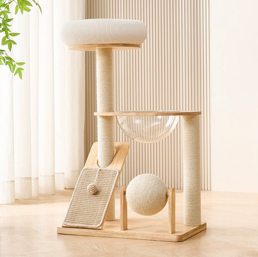 3-Tier Wooden Cat Tree with Scratching Posts & Play Features