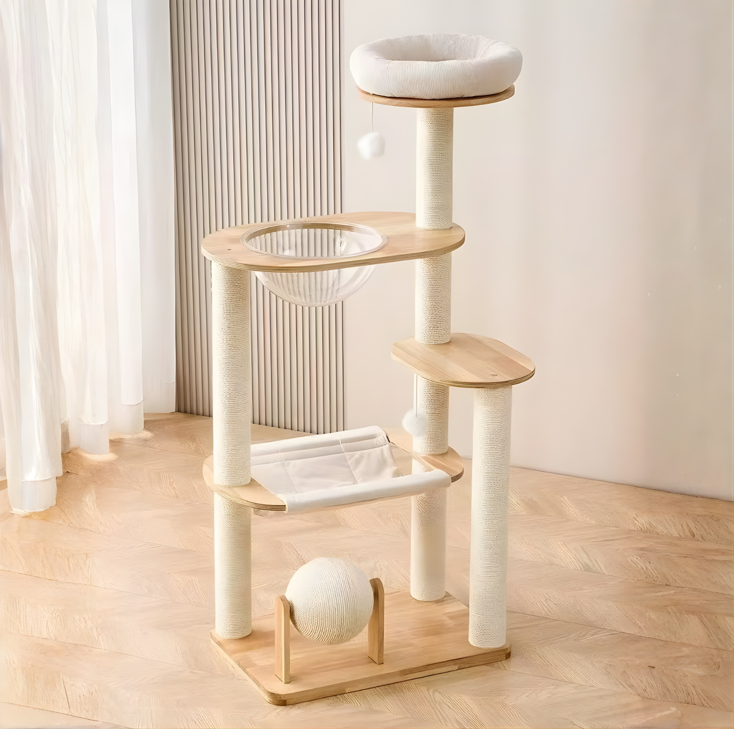 5-Tier Wooden Cat Tree with Scratching Posts & Play Features