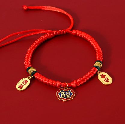 Adjustable Red Cord Pet Collar with Chinese Wishes Pendants