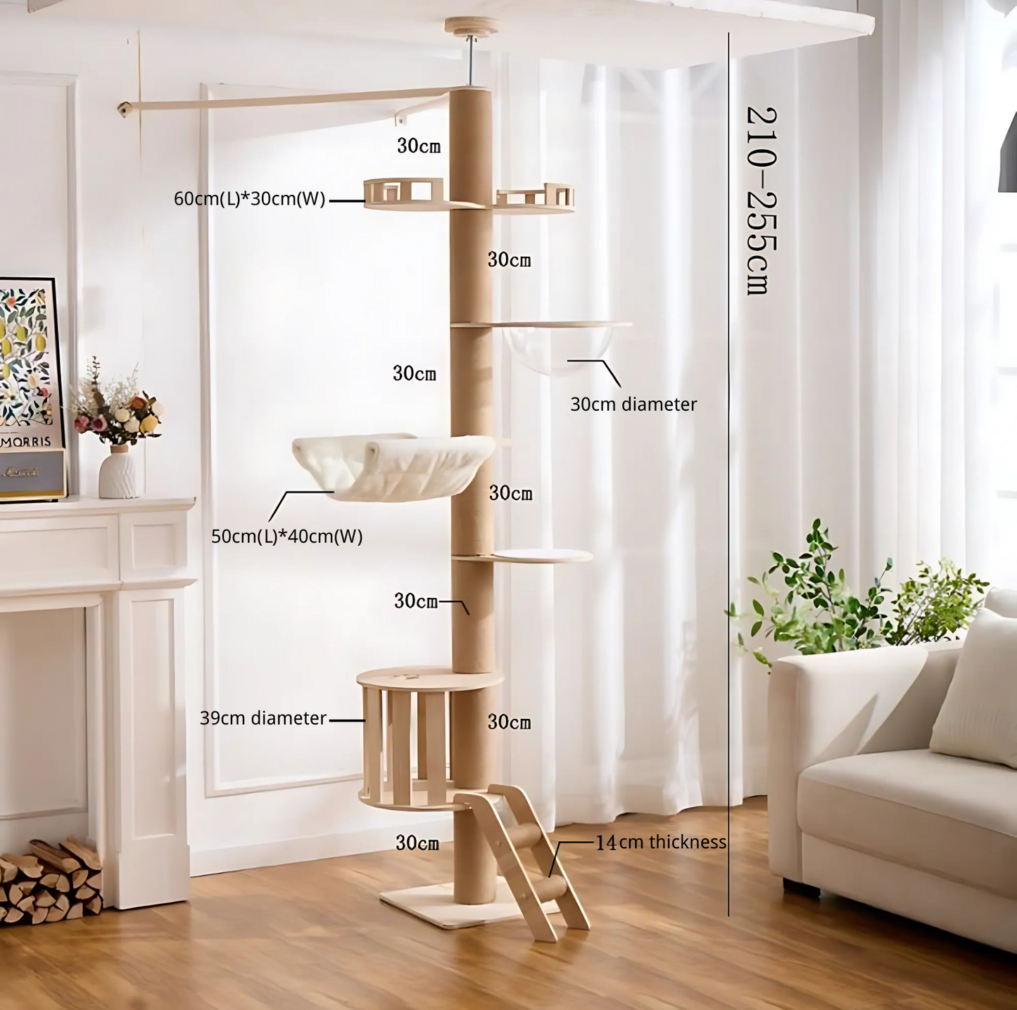 Height Adjustable Wooden Floor-to-Ceiling Cat Tower