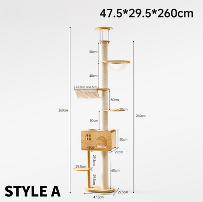 Solid Wood Adjustable Ceiling-Mounted Cat Tower - Style A