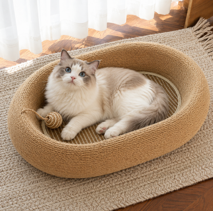 Deep Oval Sisal Cat Scratcher Bed with Hanging Ball
