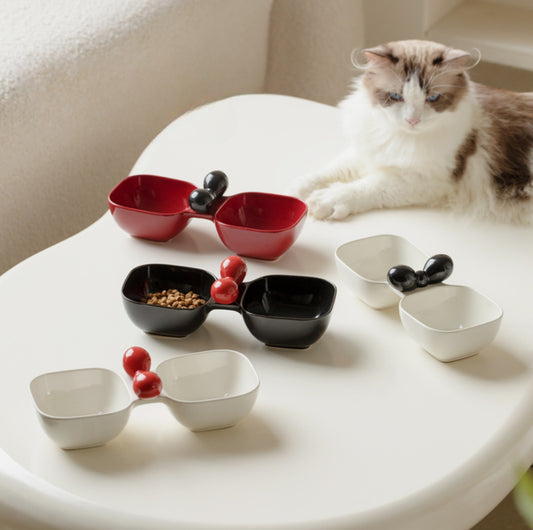 Ceramic Double Pet Bowl with Bow Design