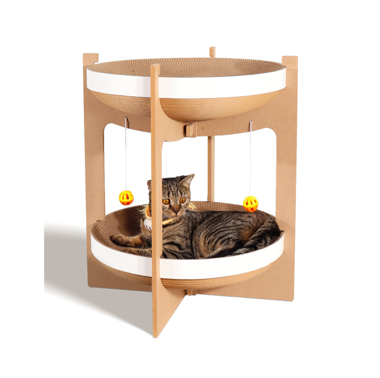 Double-Layer Cat Scratcher Lounge Tower with Hanging Toys