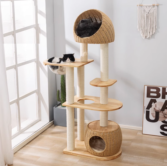 150cm Solid Oak Wood Cat Tree Tower with full Sisal Posts - 81004s