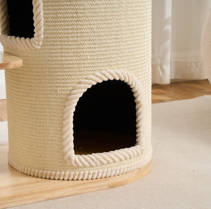 Natural wood Cat Tree with Acrylic Bowl and Double Condo – 134 cm